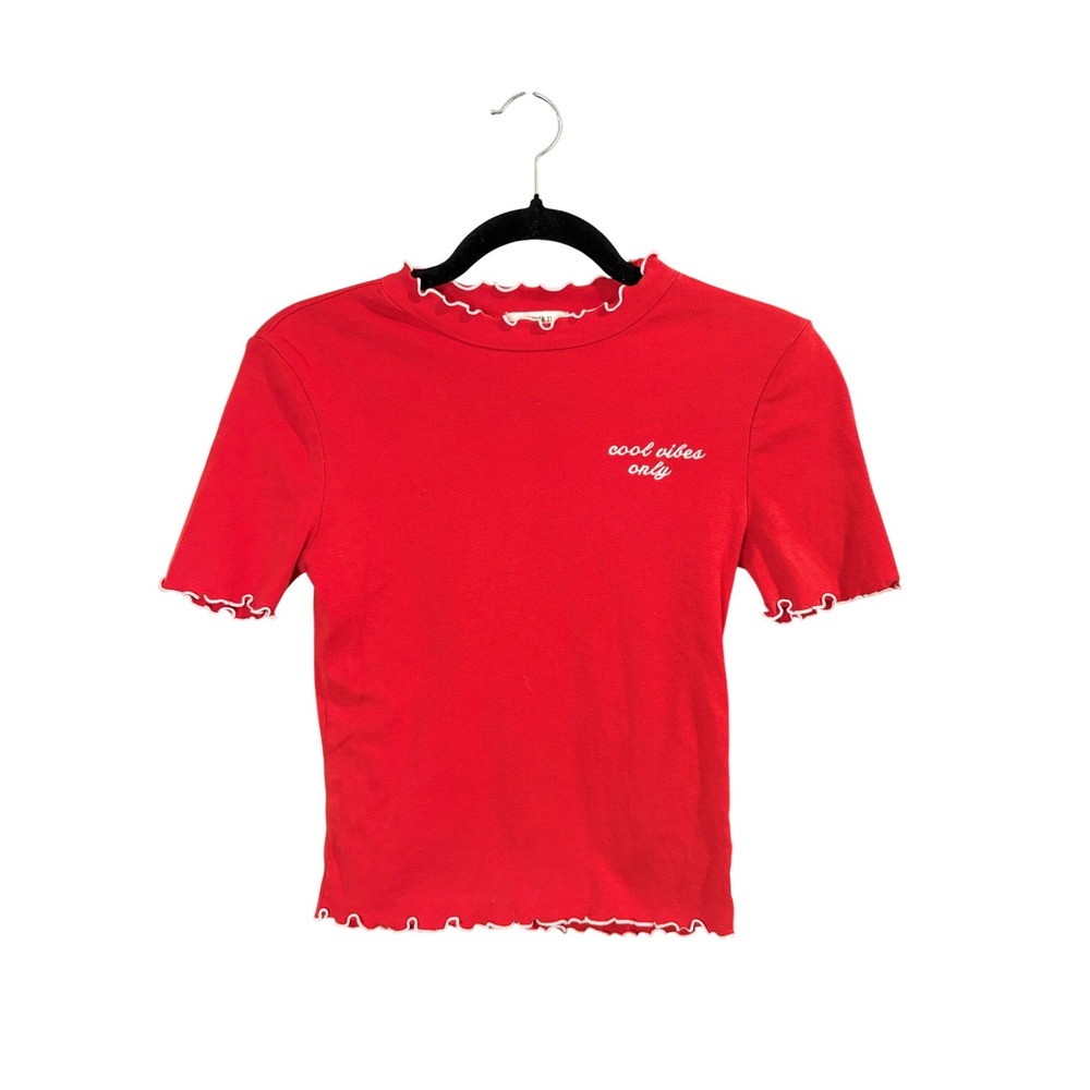 Forever 21 Red Cool Vibes Only Tee Womens Medium Lettuce Edge Ribbed Baby Top